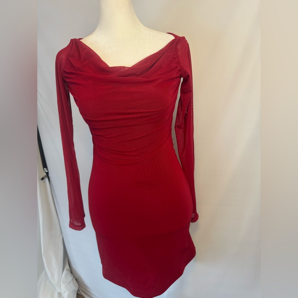 SHEIN BAE Red dress size small, sheer long sleeves new with tags